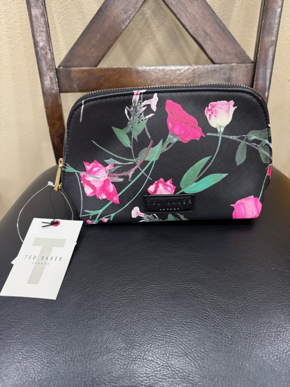 Ted Baker Black Floral Cosmetic Pouch - Pink Rose Print
